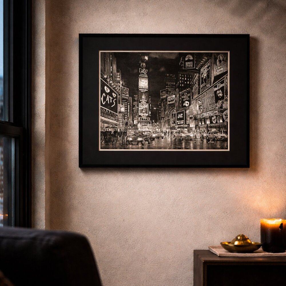 NYC Times Square Night Cityscape Print Noir Urban Loft Theatre District Wall Art